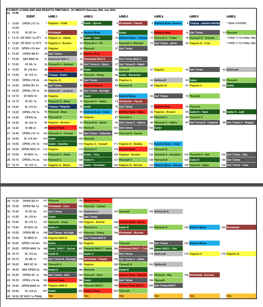 Regatta Timetable